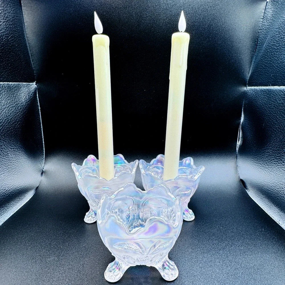 Imperial Iridescent White Carnival Glass Vtg. Floral Candle Console Set 3 Footed
